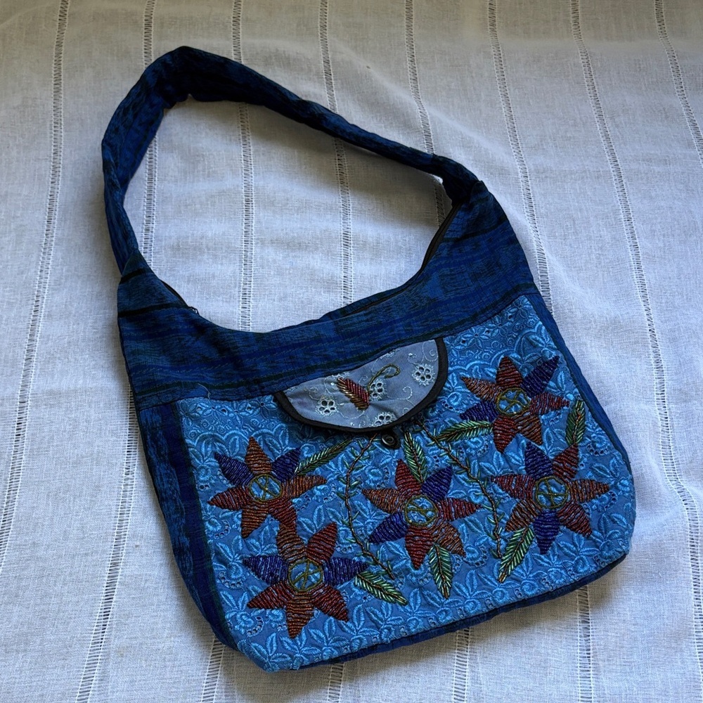 Handmade BoHo Blue Floral Shoulder Bag - Picture 4 of 13